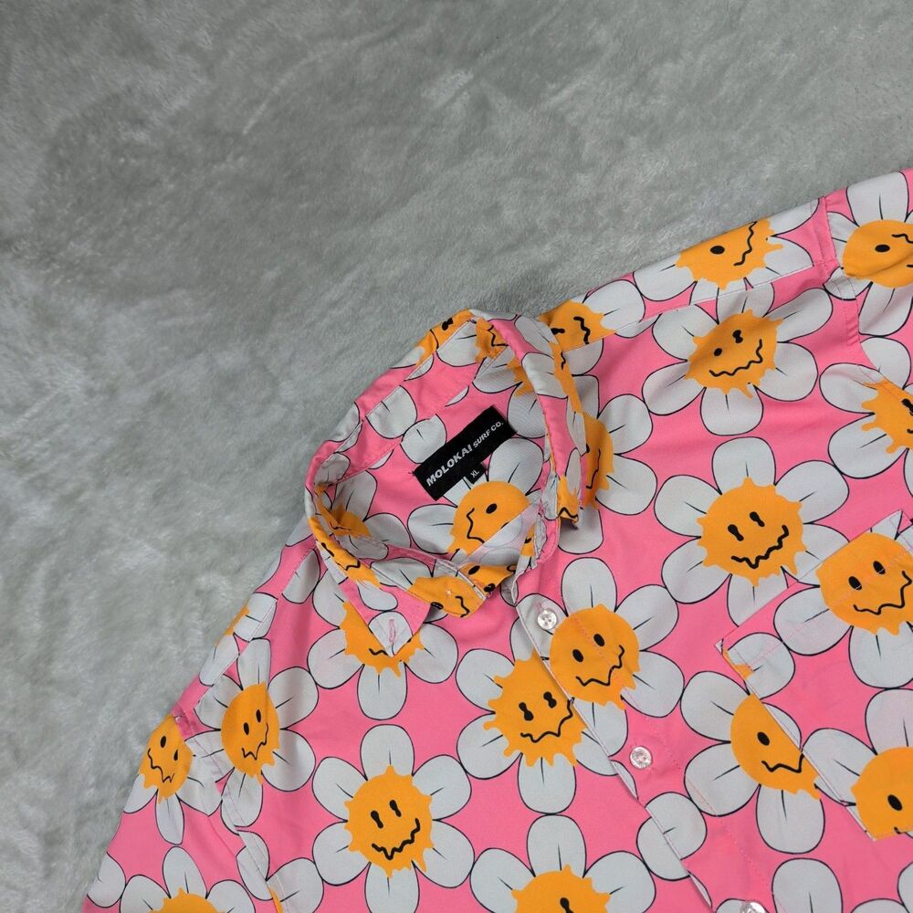 Molokai Surf Co Pink Smiley Daisy Flower Button Down Shirt Mens XL